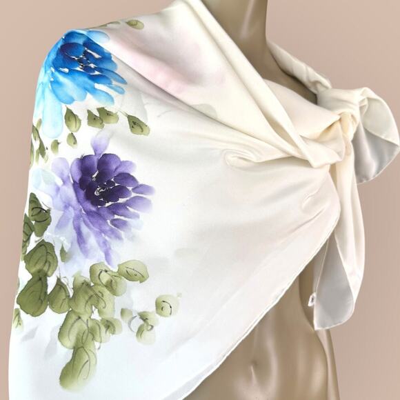 Pure 100% Silk Scarf Floral Hand Paint Chiffon Shawl Wrap Kerchief Bandana Cream - Picture 5 of 12